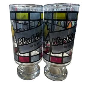 Vintage Black Label Beer Glass Set of 4 Stained Glass Art Carling Adult Beverage